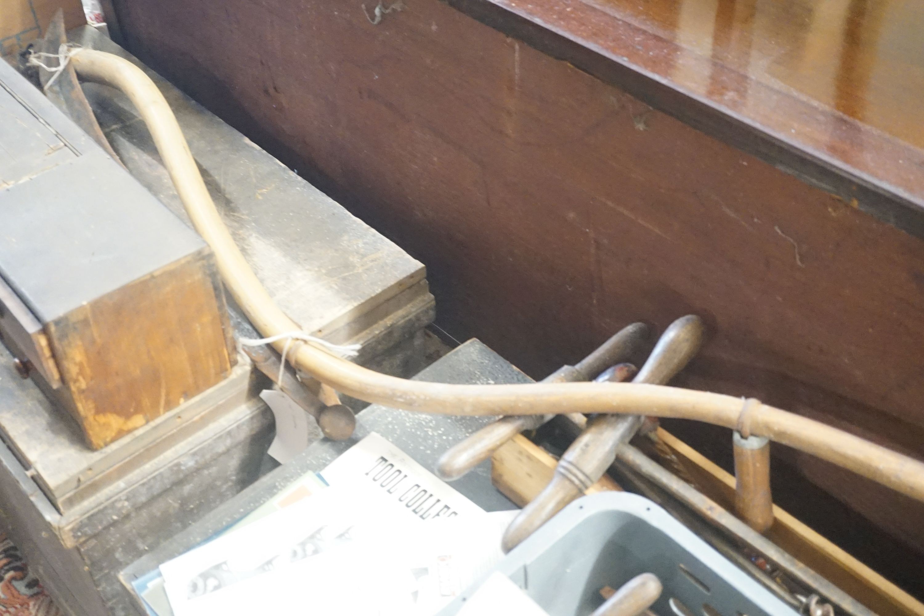 A large quantity of Victorian and later carpentry tools to include assorted steel and brass mounted planes, three Victorian pine trunks etc.